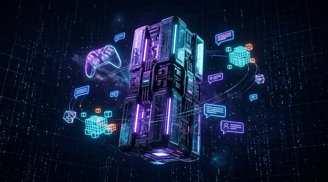 Holografische server-core omringd door een gamecontroller, voxel-blokken en chatberichten